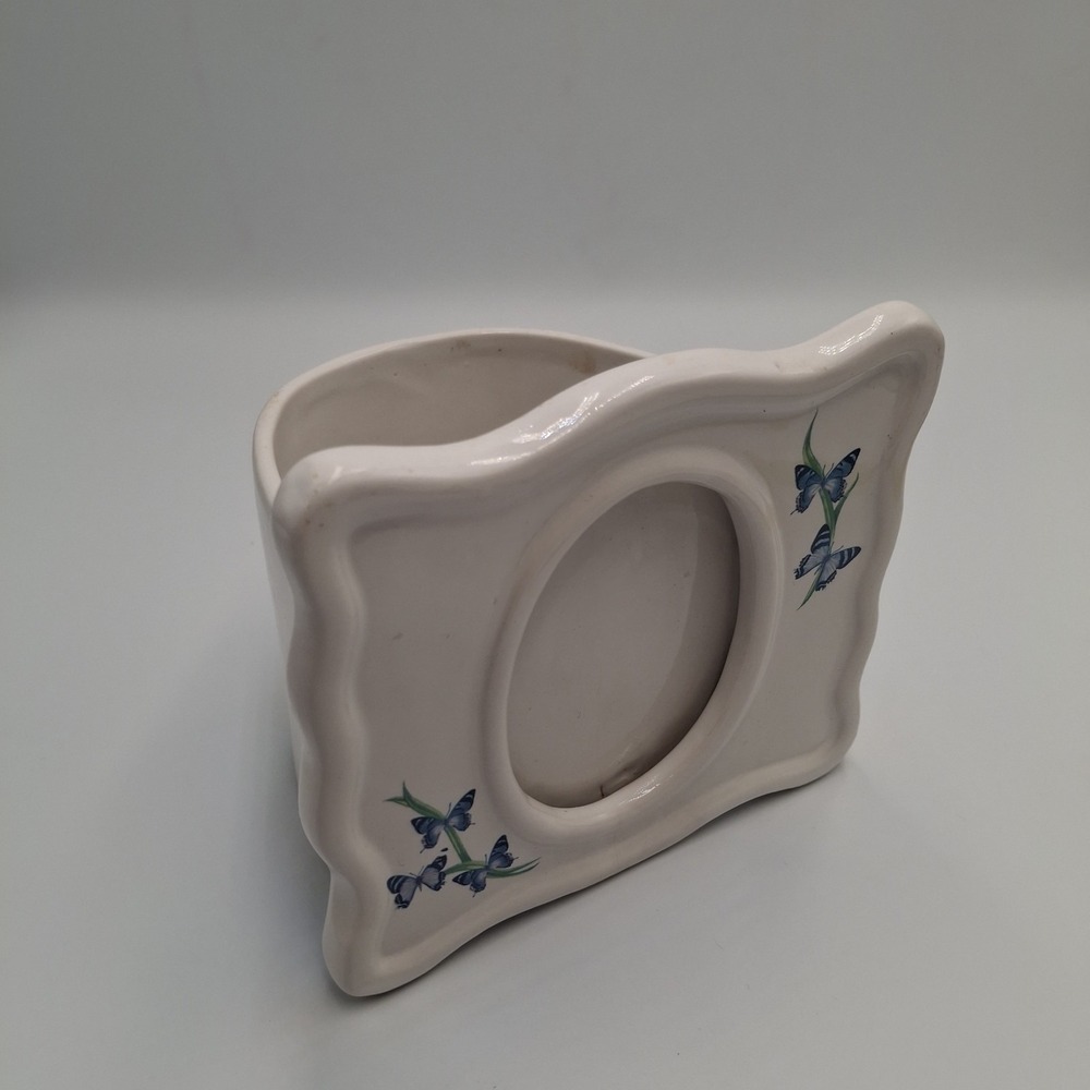 FTD Ceramic Butterfly Picture Frame Planter White Blue Floral Oval Opening Vtg